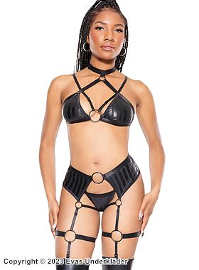 Playful lingerie set, straps over bust, collar, rings, vertical stripes